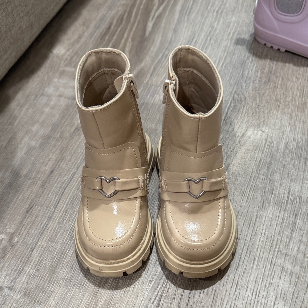 Zara Beige Lug-Sole Ankle Boots with Heart Buckle